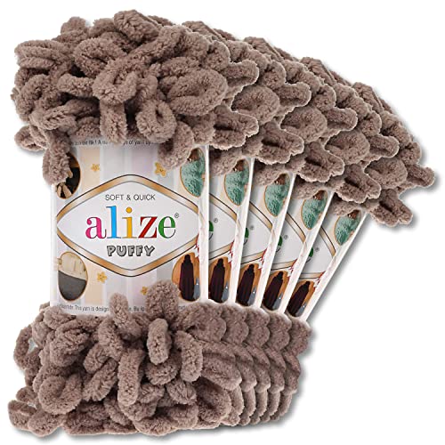 Alize 5 x 100 g Puffy Wolle Chenille Schlaufenwolle Häkeln und Stricken ohne Hilfsmittel Kleidung Accesoire Decken Teppiche (530 | Taupe)