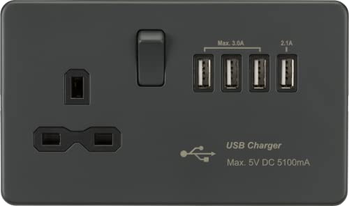 Schraubenlose 13 A geschaltete Steckdose mit Quad USB-Ladegerät; 5,1 A