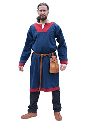 Battle-Merchant Wikinger Tunika Vallentin Langarm für Herren Baumwolle | Mittelalter LARP Vikings mittelalterliches Kostüm (Blau/Rot/L)