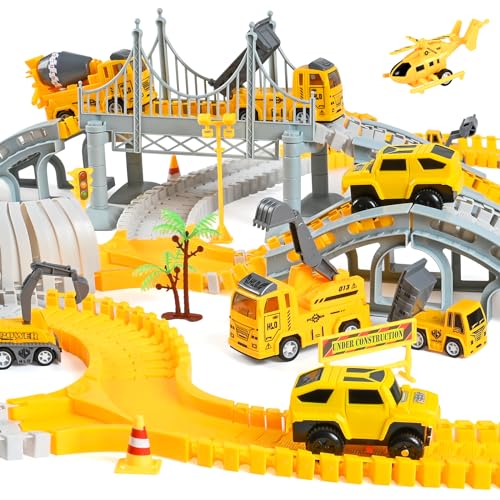 StarryTiger 343PCS Autorennbahn Rennbahn 6 Cars Bagger Spielzeug, Spielzeugautos Autobahn ab 3-8 Jahre Junge Mädchen