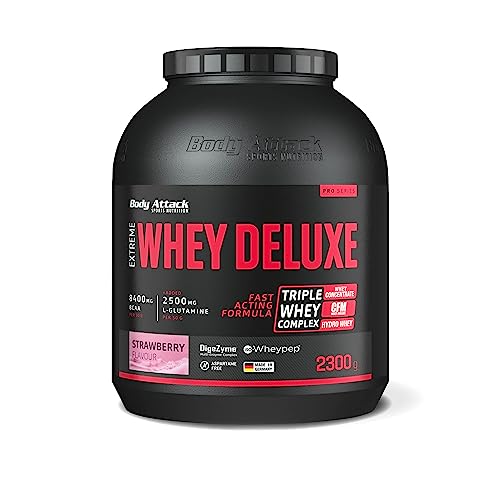 Body Attack Extreme Whey Protein Deluxe - hoher Eiweisgehalt - schnelle Nährstoffverarbeitung - fettarm & zuckerreduziert - 2500mg L-Glutamine - 8 B-Vitamine, Strawberry Cream, 2,3kg, Dose Eiweißpulver