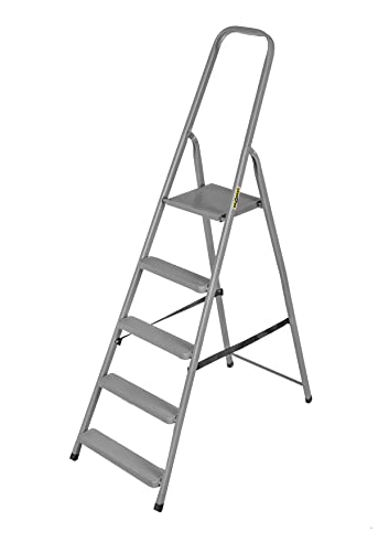 DRABEST Leiter Klappbar 5 Stufen Klapptrittleiter aus Stahl Trittleiter Haushaltsleiter bis 125 kg Belastbar Stehleiter mit Ablagen