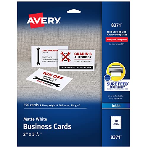 Avery 5,1 x 8,9 cm Visitenkarten, Sure Feed Technologie, für Tintenstrahldrucker, 250 Karten (8371), Weiß