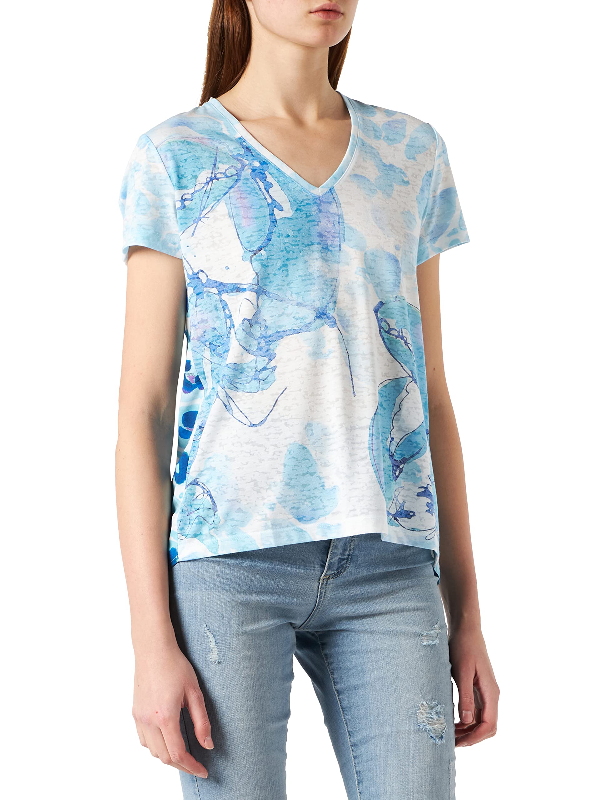 Taifun Damen T-Shirt mit Ausbrenner-Effekt Kurzarm T-Shirt Kurzarm Rundhals Gemustert Blue Curacao Gemustert 38