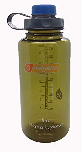 Nalgene Flasche 'Everyday Weithals' - 1 L mit 'capCAP'-Deckel (Oliv, mit Namensgravur, Deckel blau)