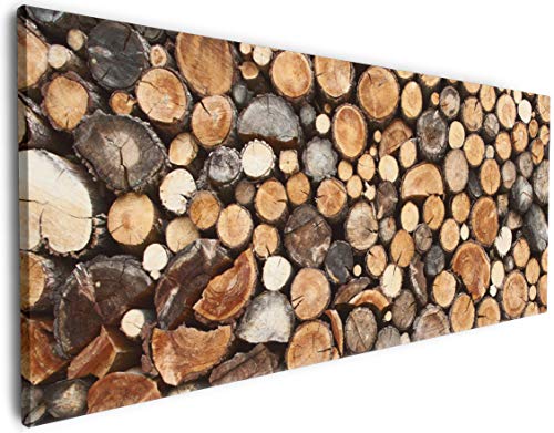 Wallario XXL Leinwandbild Dunkler Holzstapel rund - Wandbild 60 x 150 cm Brillante lichtechte Farben, hochauflösend, verzugsfrei, Kunstdruck