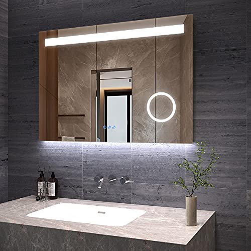 AQUABATOS Badspiegel mit Beleuchtung 100x70 cm LED Badezimmerspiegel beleuchtet Warmweiß Neutralweiß Kaltweiß 3 Lichtfarben einstellbar dimmbar Touch Schalter Beschlagfrei 3-Fach Schminkspiegel