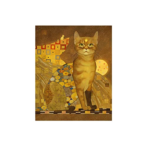 Kuingbhn Gustav Klimt Katze Leinwand Gemälde Gelb Retro Tier Poster und Druck Wandkunst Bild für Wohnzimmer Dekoration 40x50cm Rahmenlos