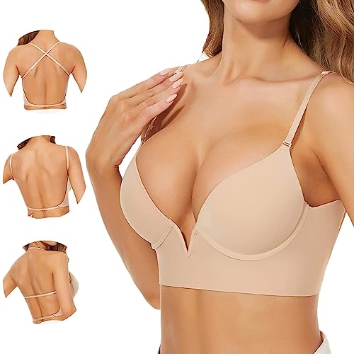 EVURU Low Back Bras for Women, Seamless Low Cut Underwire Lightly Lined Halter Bralette, Convertible Multiway Invisible Deep Plunge Backless Bras (Skin,XL/80C/85ABC)