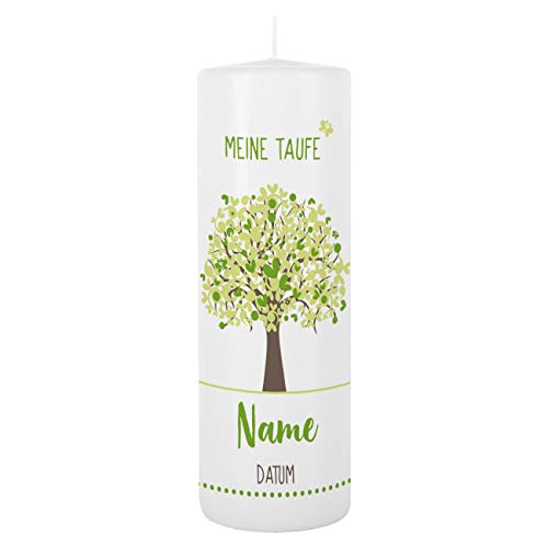 Striefchen® Taufkerze mit Lebensbaum und Aufdruck des Namen und Datum sowie Taufspruch Weiß - Grün