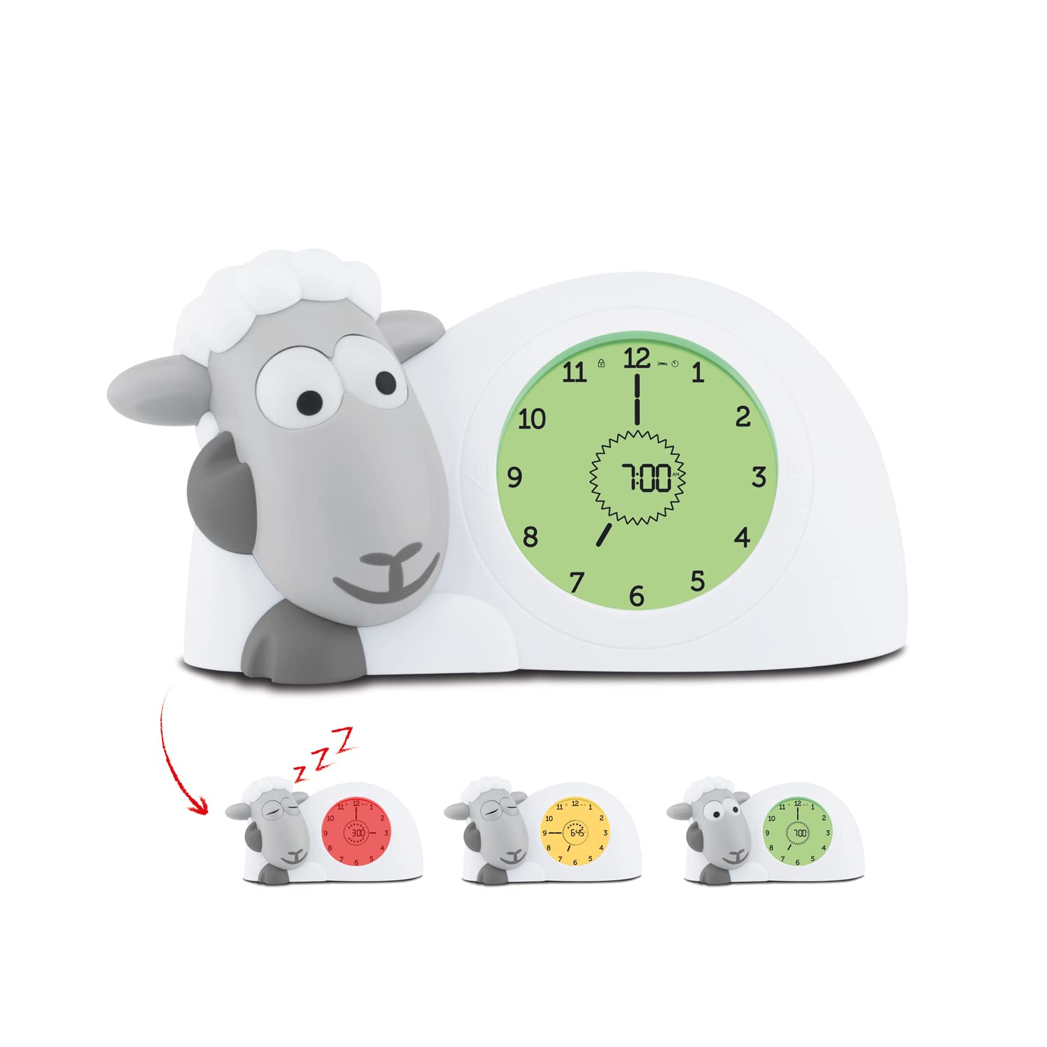 ZAZU Sam The Lamb Uhr – Schlafcoach Uhr und Nachtlicht für Kinder | Bringt Ihrem Kind mit visuellen Indikatoren bei, wann es aufwachen soll | Einstellbare Helligkeit | Automatische Abschaltung (Grau)
