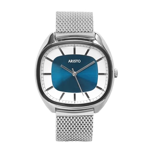 Aristo Unisex Quarz-Armbanduhr - Milanaisearmband und poliertes bicolores blaues Edelstahl Ziffernblatt mit Front aus Mineralglas - Made in Germany
