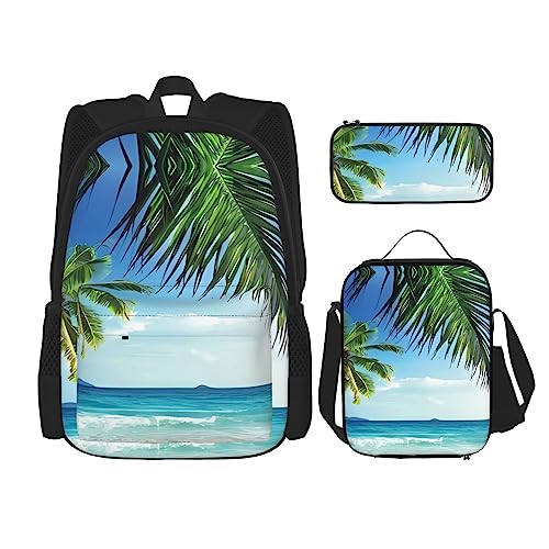 PartyUnix Tropische Palme Hawaii Strand Prints Rucksack 3-teilig Schultasche mit Lunchbox und Federmäppchen Set - Geeignet für Jungen und Mädchen, Schwarz , Einheitsgröße, Kinderrucksack