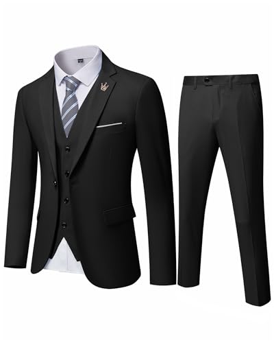 EastSide Herren Slim Fit 3-teiliger Anzug, Ein-Knopf-Blazer-Set, Jacke, Weste & Hose, Schwarz, XS