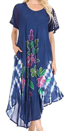Sakkas 615D Gesticktes gemaltes Blumenkappen-Hülsen-Rayonne Kleid - Blau/eine Größe