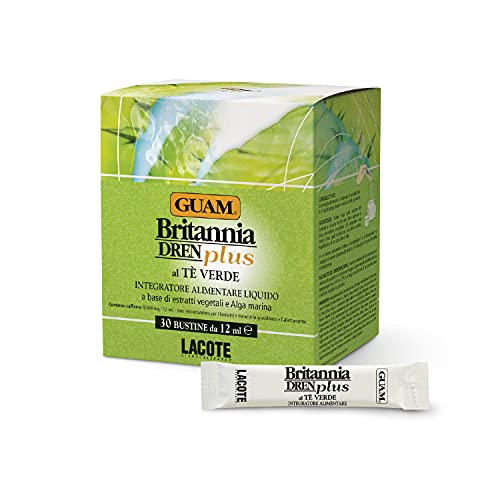Guam, Britannia Dren Plus Nahrungsergänzungsmittel mit Pflanzlichen Extrakten und Meeresalgen, Grüner-Tee Geschmack, Entwässert den Körper, Made in Italy, 30 Beutel Packung