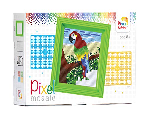 Pixel P31251 Mosaik Geschenkverpackung Papagei, Pixelbild mit Rahmen, kinderleichtes Stecksystem, ohne Bügeln und Kleben, Steinchen aus Biokunststoff