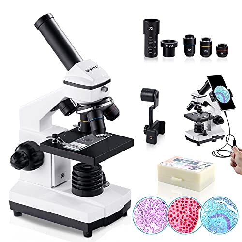 Mikroskop 200X-2000X für Kinder, Studenten, Erwachsene, mit monokularem Röhre, eingebautem 2 x Objektiv, Doppelbeleuchtung, grobe und feine Fokussierung, Handy-Adapter, Mikroskop-Objektträger-Set