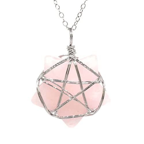 FEECOZ Natürlicher Kristallquarz Reiki Pentagramm Stern Anhänger Draht umwickelt Baum Lebenskristalle Stein Anhänger Gliederkette Halskette natürlicher Glanz (Color : Rose Quartz a, Size : 6 1/8)