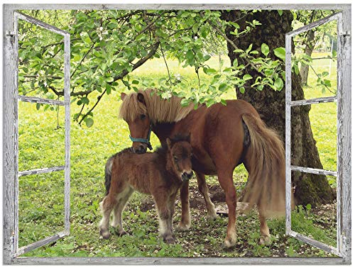 Artland Qualitätsbilder I Bild auf Leinwand Leinwandbilder Wandbilder 40 x 30 cm Tiere Haustiere Pferd Collage Grün C0AJ Fensterblick Pony mit Kind