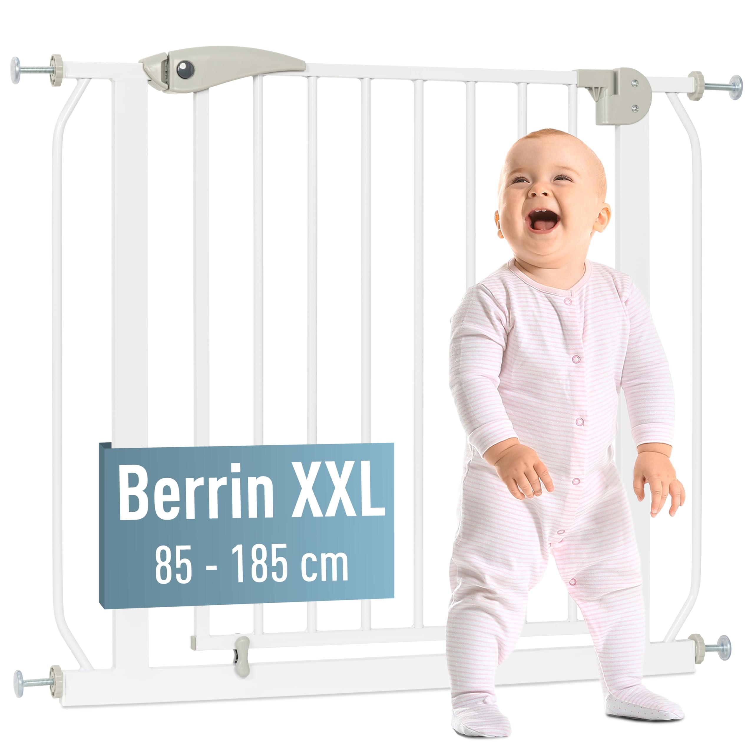 ib style Türschutzgitter Berrin XXL 85-185 - Extra breiter Durchgang, Treppenschutzgitter für Babys, Kleinkinder Schutzgitter, Ohne Bohren, 105-115 cm, Weiß