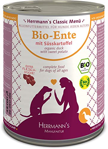 Herrmanns Bio Hundefutter Ente Menu 1 mit Süßkartoffel, Kürbis, Nachtkerzenoel 800 g, 6er Pack (6 x 800 g)