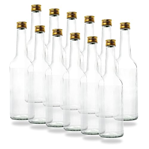 12 Kleine Glasflaschen 500ml (0,5l) mit PP28 Schraubverschluss Gold – Leere, kleine Flaschen zum Befüllen, z.B. Leere Weinflaschen, kleine Schnapsflaschen, Likörflaschen 500 ml