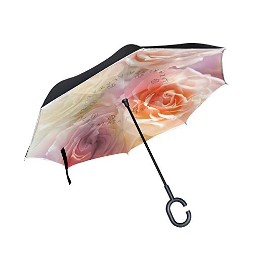 ISAOA Großer umgekehrter Regenschirm, doppelschichtig, Winddicht, UV-Schutz, Regenschirm für Auto, Regen, Outdoor, C-förmiger Griff, selbststehend, Rosen im Sonnenschirm