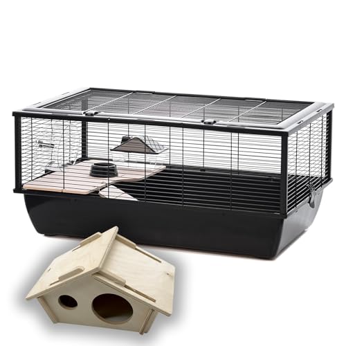 Großer Hamsterkäfig für Nagetiere + Holzhaus ca. 80 cm Hochwertig mit Holz Zubehör Nagerkäfig Haustier Kleintiere