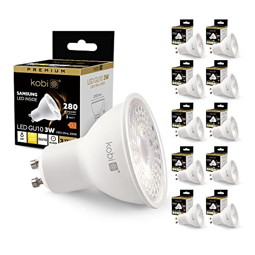 KOBI Glühbirne Led | GU10 | 3W | Warmweiß | 280lm | 3000K | 230V | 100 Grad Abstrahlwinkel | Spot Strahler Lampe | Leuchtmittel Einbauspot Birne | Led Samsung | Energieklasse F | 10er Pack