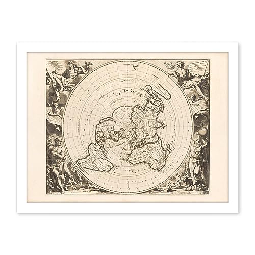 Jacques Cassini Flat Earth Map 1713 Sepia Colour Terrestrial Planisphere According to Astronomers New Observations Decorative World Polar Projection Artwork Framed Wall Art Print 18X24 Inch