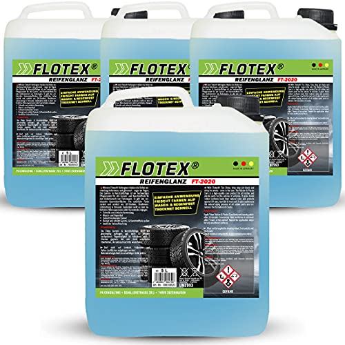 Flotex® 4 x 5L Reifenglanz - Auto Kunststoffpflege & Gummipflege für Außen - Schwarz - Reifenpflege für Reifenglanz - Autoreifen Pflege und Reifen Reiniger - Reifenschwarz Auto