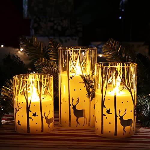 Rhytsing 3 flammenlose LED Wachskerzen im Glas mit Timerfunktion, Silber Weihnachtskerzen Winter Rentier, inkl. Batterien