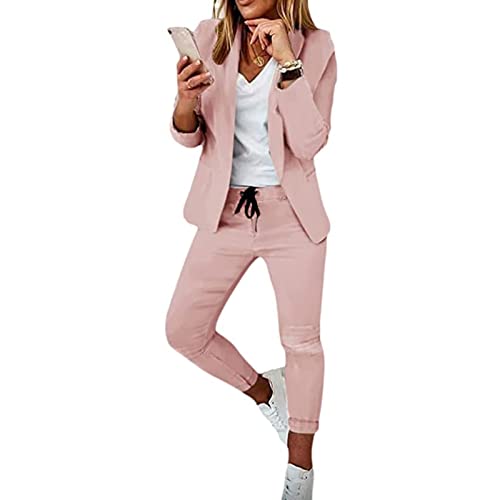 Yokbeer Hosenanzüge für Damen Elegant Zweiteilig Business Outfit Set Langarm Blazer Anzugjacke und Anzughosen 2 Teiler Büro Slimfit Streetwear Formal Modern Festlicher (Color : A-Pink, Size : S)