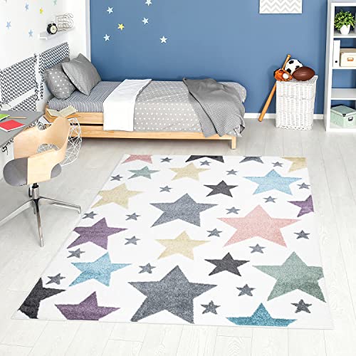carpet city Teppich Kinderzimmer Sterne - Creme - 140x200 cm - Kinderteppich Kurzflor mit bunten Sternen - Weicher Flor - Sternenteppich