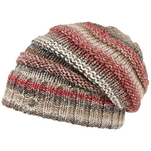 LIERYS Bernardo Oversize Strickmütze Damen/Herren (26 cm lang) - Made in Germany - Wintermütze aus Schurwolle - Long Beanie in One Size 55-63 cm - Mütze mit Umschlag - Winter grau-rot One Size