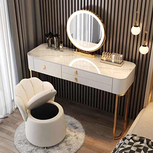 GKever Make-up-Schminkkommode, Schreibtisch mit Spiegel und Hocker, Schlafzimmer mit drehbarem Spiegel, mit 3 Schubladen, Schlafzimmermöbel-Set mit Hocker, 3 Leuchten