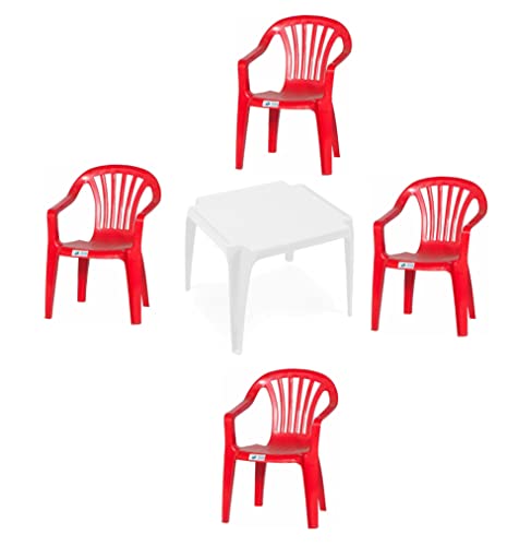 hLine Kinder Garten Sitzgruppe Tisch mit Stühlen Gartenstuhl Sessel (1 Tisch 4 Stühle rot), 868780+868446