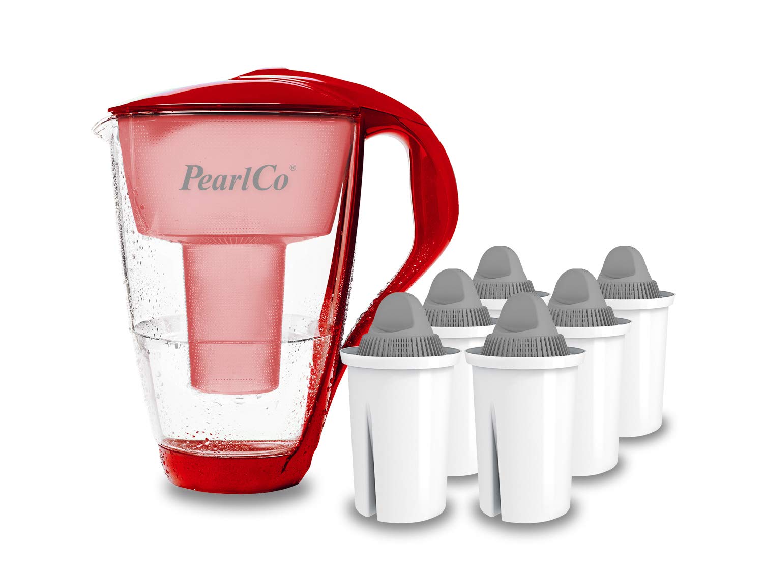 PearlCo Glas-Wasserfilter (rot) mit 6 Protect+ Classic Filterkartuschen (f. hartes Wasser) - Made in EU