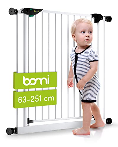 BOMI Baby Schutzgitter Treppe 63-251 | Ohne Bohren | 90° Stop | Schließt automatisch | Gittertür aus Metall weiss | Stabile Baby Schutzgitter Tür für Kindersicherheit | Treppen Türgitter