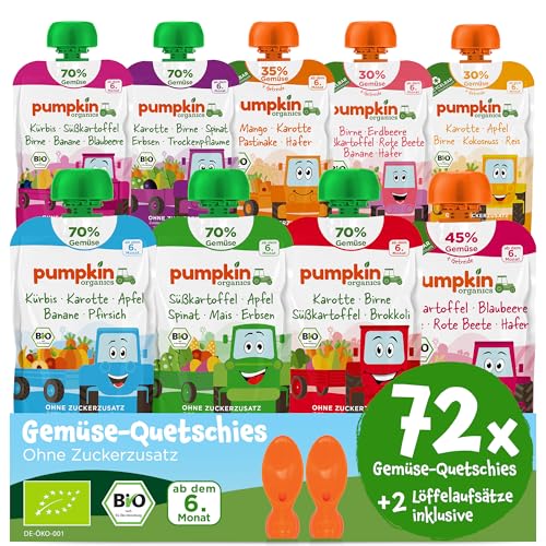 Pumpkin Organics 72er Pack ERSTE LIEBE Bio Gemüse Quetschies mit 2 Löffelaufsätzen - Quetschie ohne Zuckerzusatz - Babynahrung für Babys ab dem 6. Monat - Vorratspaket (72x100g)