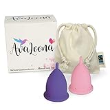 AvaLoona Menstruationstassen Set Made In Germany mit fairtrade Bio Baumwollbeutel - hygienisch, nachhaltig, antiallergen und vegan - Doppelpack (klein, Rosa-Lila, 2 Menstruationsbecher)