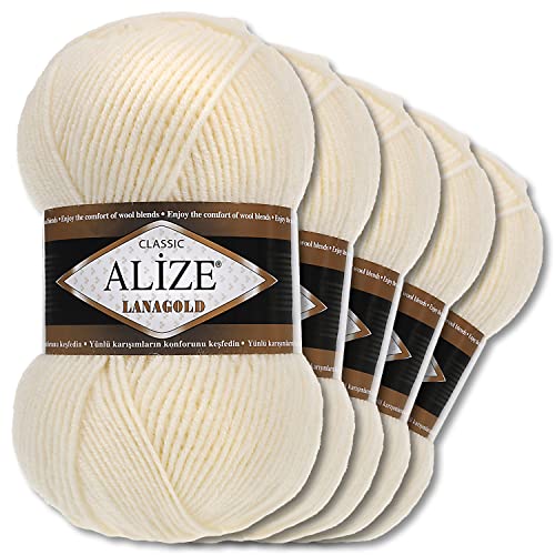 Alize 5 x 100 g Lanagold Wolle | 53 Auswahl | Stricken Häkeln Wolle (01 | Creme)
