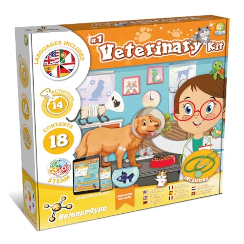 Science4you - Meine erste Veterinärklinik - 16 Aktivitäten und Experimente - Beinhaltet Veterinärkostüm und Stethoskopspielzeug im Werkzeugkoffer, Nachahmungsspiel Ideal für Kinder ab 4 Jahren
