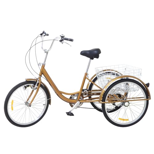 24 Zoll Dreirad, Erwachsene Bikes mit sechs einstellbare Gänge, Reflektor Lampe, Körben, Kotflügel, Trike Bike, Tragkraft 120 Kg, 3-Rad-Fahrräder, Fahrrad Einkaufen Tricycle, Freizeitfahrrad (Gold)