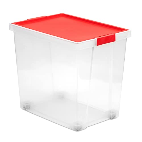 TATAY Aufbewahrungsbox mit Deckel, Kapazität 60L, mit Griffen und Rädern, Deckel aus 100 prozent recycelten Materialien, BPA-frei, Rot. Maße 37 x 51 x 45 cm