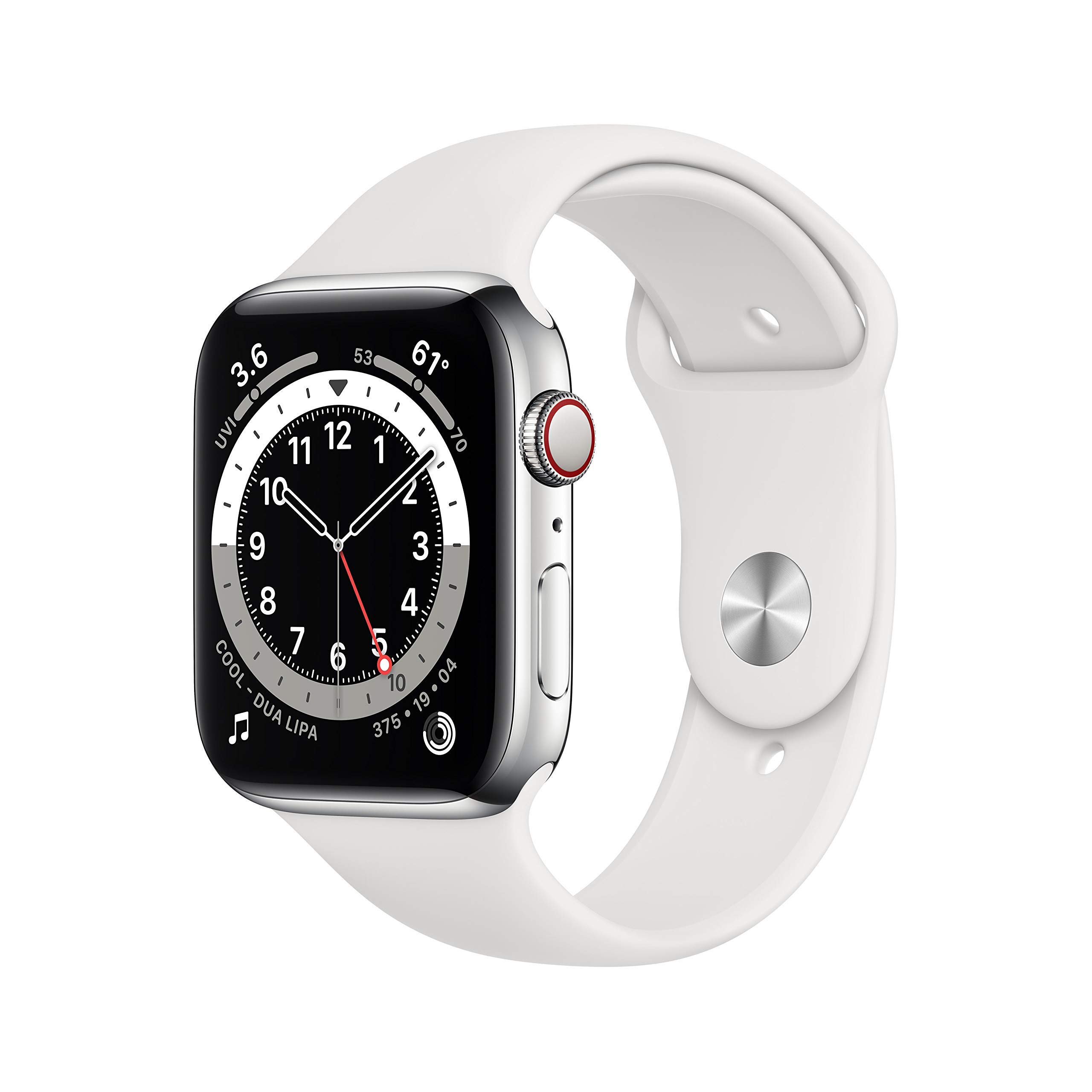 Apple Watch Series 6 (GPS + Cellular, 44MM) - Edelstahlgehäuse Silber mit Sportarmband Weiß (Generalüberholt)