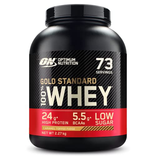 Optimum Nutrition ON Gold Standard Whey Protein Pulver, Eiweißpulver Muskelaufbau mit Glutamin und Aminosäuren, natürlich enthaltene BCAA, Caramel Toffee Fudge, 71 Portionen, 2.27kg