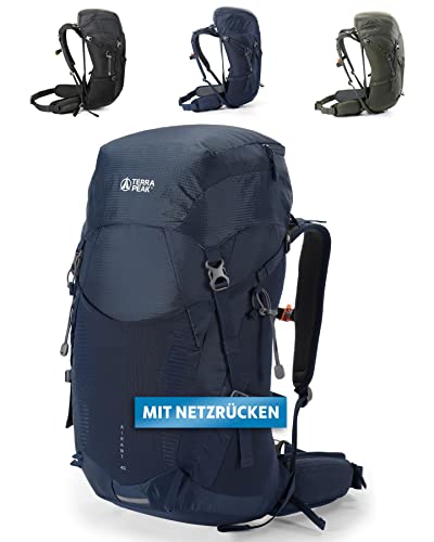 Terra Peak - Wanderrucksack Airant 40 Damen & Herren mit belüftetem Netzrücken blau gross Rückenbelüftung - Trekkingrucksack zum Wandern und Camping mit Trinksystem - unisex outdoor Backpack leicht