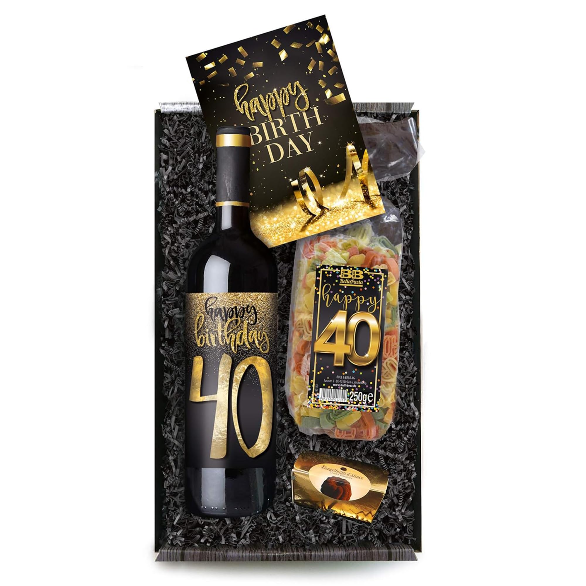 Bull & Bear Geschenkbox "Happy Birthday 40", Set mit Rotwein und Geburtstagskarte, Geschenk zum 40. Geburtstag